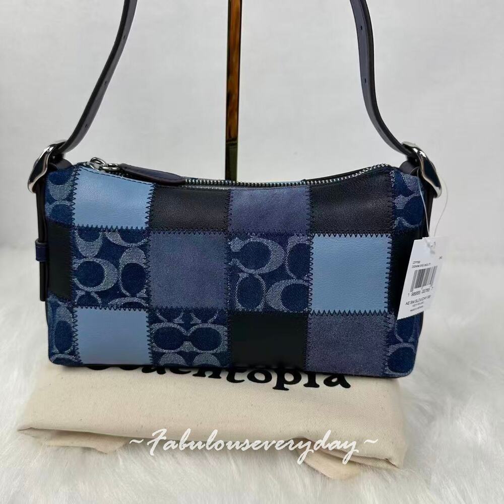 Coach Small Slouchy Alter Ego Shoulder Bag Patchwork Sig Leather Blue CFF99 NWT - Picture 4 of 8